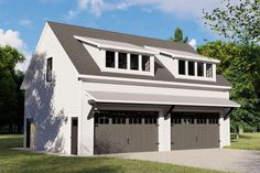 a two car garage with three windows on the top floor and an attached carport