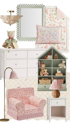 a collage of furniture and decor in pastel colors