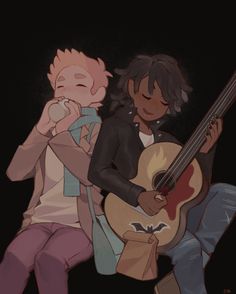 two people sitting next to each other holding guitars