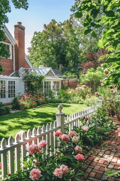 a white picket fence in front of a house with flowers growing on the lawn and brick walkway