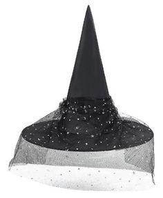 Take your Halloween witch style to the next level with this black witch hat (7.5" x 15") wrapped in a moon and star mesh and finished with a pretty silver faux jewel plastic slide buckle. It will be a hit at Halloween whether for Trick or Treating or for a party. Also great for cosplay, theme parties, the Sanderson Sisters, theatrical productions, Harry Potter and more. One size fits most teens and larger children. Other witch costumes and accessories (broom, jewelry, theatrical makeup) are sold Spooky Black Costume Hats And Headpieces For Halloween, Spooky Black Costume Hat, Spooky Black Costume Hats And Headpieces For Party, Witchy Halloween Costume Hats And Headpieces For Party, Gothic Black Costume Hats For Halloween, Witchy Black Costume Hat, Themed Black Costume Hats And Headpieces For Festivals, Black Witchy Costume Hat, Spooky Black Costume Accessories For Party