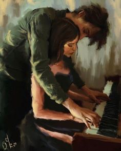 a painting of a man and woman playing the piano