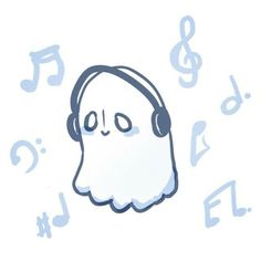 a ghost with headphones and music notes around it