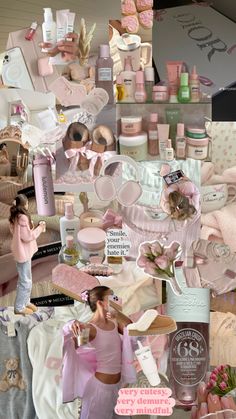 a collage of pink and white items with girls in the middle one is holding a baby