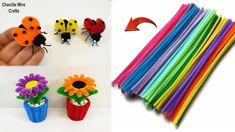 there are many different types of straws and flowers in the photo, including ladybugs