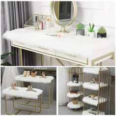 the vanity is decorated with white fur and gold metal shelvings, along with a mirror