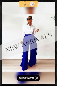 Chic Vintage Ruffles High Waist Wide Leg Pants Blue Ruffled Bottoms For Fall, Chic Wide Leg Pants With Ruffles For Spring, Chic Spring Wide Leg Pants With Ruffles, Elegant Ruffled Blue Bottoms, Elegant Blue Ruffled Bottoms, Fitted Ruffled Workwear Pants, Fitted Ruffled Pants For Workwear, Chic Wide Leg Pants With Ruffles, Chic Stretch Pants With Ruffles