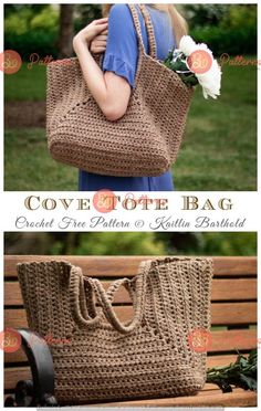 the crocheted tote bag is made from two different types of yarn