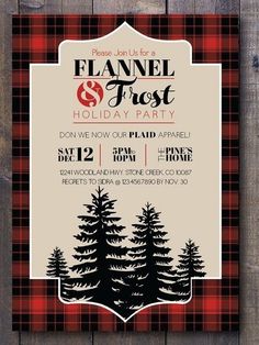 a flyer for a flannel and frost holiday party with pine trees on it