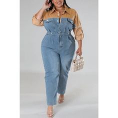 Look effortlessly cool in our Plus Size Poppin My Collar Denim Jumpsuit. With its classic design and contemporary details, you'll be rockin' the streets in style. So don't be shy and show it off —it's time to poppin' your collar! Ships Worldwide Decoration Button , Zip Up , Pockets Length Ankle-Length Style Casual Fabric Non-Stretch Fabric Type Denim , Blended fabrics Material Polyester , Lanon Neckline Turn-down Collar Pattern Type Colorblock , Patchwork Season Spring / Autumn Sleeve Length Full Chic Medium Wash Denim Jumpsuit With Long Sleeves, Trendy Medium Wash Long Sleeve Jumpsuits And Rompers, Trendy Long Sleeve Medium Wash Jumpsuits And Rompers, Trendy Long Sleeve Denim Jumpsuit In Medium Wash, Trendy Long Sleeve Medium Wash Denim Jumpsuit, Fall Light Wash Denim Overall Jumpsuit, Light Wash Denim Overall Jumpsuit For Fall, Trendy Light Wash Overalls For Fall, Chic Medium Wash Jumpsuits And Rompers For Fall