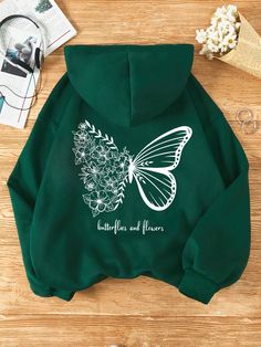 Dark Green Casual Collar Long Sleeve Fabric Letter,Slogan,Butterfly Pullovers Embellished Medium Stretch Fall/Winter Women Clothing Stylish Hoodies, Cute Dress Outfits, Lined Hoodie, Cute Sweatshirts, Simple Trendy Outfits, Really Cute Outfits, Casual Style Outfits, Teen Fashion Outfits, Hoodie Design