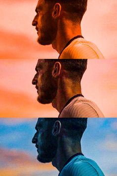 two different images of a man's face in front of a colorful sky with clouds