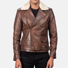 This brown leather jacket with a shearling fur collar has a sleek biker-style look with a contemporary touch. Made of fine-quality top-grain leather, this jacket has a rugged, edgy look with a fur collar, making it durable and comfortable. This versatile leather jacket in biker style is luxury and can be paired with almost every outfit on casual and semi-formal occasions. This brown biker leather jacket has a shirt-style wide-notch lapel, removable shearling fur, and an asymmetrical front zipper Rugged Brown Biker Jacket For Winter, Rugged Winter Outerwear For Biker Events, Brown Leather Jacket With Faux Fur Lining, Leather Biker Jacket With Faux Fur Lining, Brown Winter Biker Jacket For Biker Events, Brown Biker Jacket For Winter, Brown Winter Biker Jacket, Rugged Leather Jacket For Winter Motorcycling, Rugged Leather Jacket For Motorcycling In Winter