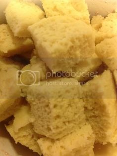 closeup of cubes of bread in a white bowl