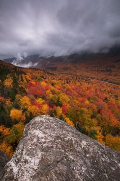 an autumn scene with colorful trees in the background and dark clouds over mountains on either side