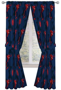 the curtains are hanging in front of a window with spider - man print on them