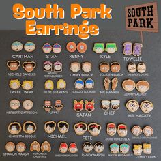 the south park earring chart is displayed on a blackboard with orange lettering and cartoon characters