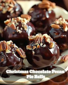 christmas chocolate pecan pie balls on a plate