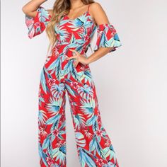 Nwt Size Xs Available In Red Tropical Print Cold Shoulder Tie Back Wide Leg Spaghetti Cut Out Detail 100% Rayon Red Printed V-neck Jumpsuits And Rompers, Chic Red Jumpsuits And Rompers For Summer, Red Jumpsuits And Rompers For Beach In Spring, Red Jumpsuits And Rompers For Spring Beach Outings, Red Printed V-neck Jumpsuit Or Romper, Chic Red Jumpsuits And Rompers For Vacation, Red Printed V-neck Jumpsuit, Casual Red V-neck Jumpsuits And Rompers, Casual Red V-neck Jumpsuit