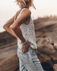 Relaxed light silver sequin tank top. Sequin Tank Top Outfit, Ruched Swimwear, Tank Top Outfit, Sequin Tank Top, Sequin Tank Tops