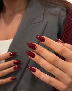 In this article, we have gathered 30 nail design ideas in dark red and cherry wine colours, including almond nails, square nails, oval nails, stiletto nails, french nails and short nails. Red Pointed Almond Nails, Kendall Jenner Red Nails, Rich Red Nails, French Manicure Different Colors, Almond Wine Red Nails, Almond Wine Nails, Elegant Long Almond Nails, Cherry Red Nails Aesthetic, Deep Red Gel Nails