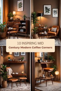 Explore 10 inspiring images of mid-century modern coffee corners. This pin showcases stylish interiors featuring leather seating, beautiful plants, and unique decor, making your coffee experience not just refreshing but also highly aesthetic.