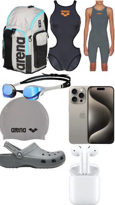 the contents of a woman's swimsuit including an iphone, headphones and sunglasses