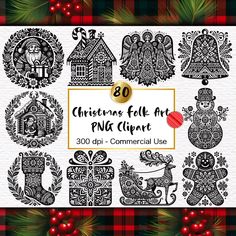 the christmas folk art png clipart bundle is shown in black and white, with ornaments