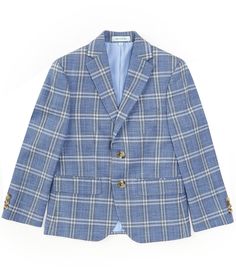 From Class Club&#x2C; this dress jacket features:Plaid patternNotch collarLong sleeves2-button front closureBlazer silhouettePolyester/rayon/spandexDry clean Imported. Classic Sport Coat With Buttons For Spring, Classic Spring Sport Coat With Buttons, Fitted Summer Outerwear With Welt Pockets, Fitted Single Button Summer Outerwear, Blue Sport Coat With Buttons For Spring, Classic Plaid Sport Coat For Spring, Blue Sport Coat For Spring, Blue Spring Sport Coat, Casual Plaid Sport Coat For Spring