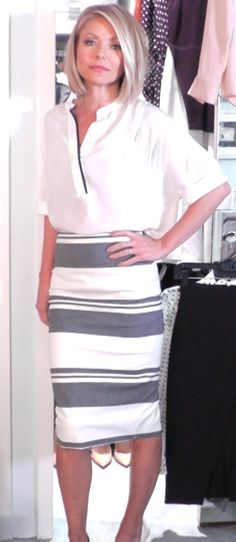 Kelly Ripa | Blonde | Bob - one day I will be brave enough to get this cut.....or not. Kelly Rippa Short Hair, Blue Striped Skirt, Striped Pencil Skirt, Woman Hairstyles, Nude Wedges, Kelly Ripa, Hair Bob, Style Finder, Edgy Hair