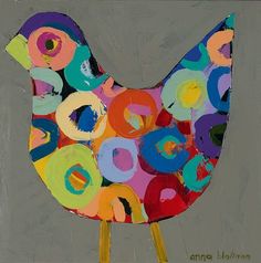 an abstract painting of a chicken with circles on it's body and legs, painted in multi - colored acrylic paint