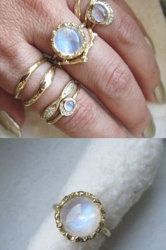 Handcrafted rings inspired by beautiful elements of nature from tree roots to the glowing moon. Through the ancient art of lost-wax casting, each design is meticulously hand-sculpted from wax and undergoes a casting process that solidifies molten metal. #gemstonerings #sapphirering #emeraldring #diamondring #moonstone #opal #birthstone #birthstonejewelry #birthstones #handsculpted #recycledgold #ethicallysourced #goldjewelry #jewelrystore Unique Yellow Gold Moonstone Ring, Rose Cut Diamonds Moonstone Round Jewelry, Ethereal Jewelry With Rose Cut Diamonds And Moonstone, Ethereal Moonstone Jewelry With Rose Cut Diamonds, Fine Jewelry Yellow Gold Moonstone Ring, Moonstone Jewelry With Rose Cut Diamonds, Round Moonstone Jewelry With Rose Cut Diamonds, Opal Jewelry With Rose Cut Diamonds, White Moonstone Ring With Gemstone Accents