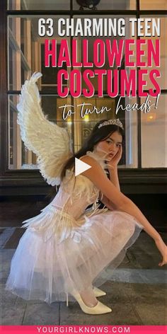 a woman dressed as an angel with text overlay reading, 63 charming teen halloween costumes to turn heads