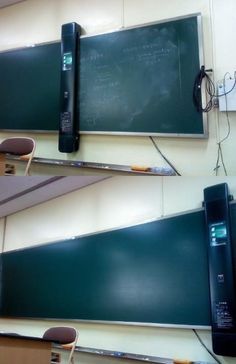 two pictures of a blackboard with writing on it and an electronic device attached to the board