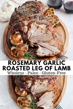 rosemary garlic roasted leg of lamb on a wooden platter