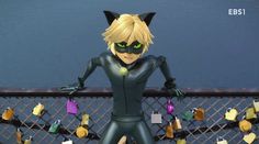 an animated cat man standing next to a fence with lots of padlocks on it