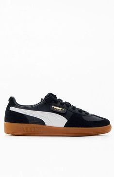 Puma pays homage to their heritage soccer style with the introduction to the Women's Palermo Leather Sneakers. These classic low-profile sneakers have a sleek and durable leather upper with suede panels, contrast Formstripe, T-toe construction, and Puma Palermo gold branded tab. Leather and suede uppers Contrast Formstripe Lace-up front closure Synthetic leather tongue, eyestay, and quarter panel underlay Low-profile silhouette T-toe construction Rubber outsole Puma branding Puma Womens Women's Puma Logo Suede Sneakers For Sports, Puma Suede Sneakers For Sports, Sports Leather Skate Shoes With Contrasting Heel, Leather Skate Shoes With Contrasting Heel Counter For Sports, Leather Skate Shoes With Contrasting Heel For Sports, Suede Puma Sneakers For Sports, Puma Logo Leather Sneakers For Sports, Puma Leather Sneakers For Sports, Leather Puma Sneakers For Sports