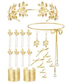 PRICES MAY VARY. SURPRISE GREEK GODDESS COSTUME: You will receive 1 piece of leaf crown, 2 pieces of leaf armbands, 1 pair of leaf earrings, 1 piece of gold belt, 1 piece of leg wrap, and 8 piece of hair clips; Elegant accessories can meet your wedding and cosplay needs. GREEK GODDESS ACCESSORIES: These hairpieces, earring, coil bracelets are all designed with laurel leaves shape, easy to match well with Greek style clothing; The gold waist belt and leg wraps can match your robe and shoes, to sh Gold Hair Accessories For Wedding, Gold Bridal Sets For Party, Gold Adjustable Bridal Accessories, Adjustable Elegant Wedding Sets, Elegant Adjustable Wedding Sets, Adjustable Gold Jewelry For Bridal Shower, Greek Style Clothing, Toga Party Decorations, Greek Goddess Accessories