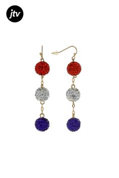 Off Park�� Collection Red, White & Blue Crystal Gold Tone Dangle Earrings. Measures approximately 2.90"L x 0.47"W. Fish hook backings. Red Dangle Earrings For 4th Of July, Red Dangle Jewelry For 4th Of July, Adjustable Blue Earrings For 4th Of July, Blue Ear Wire Jewelry For 4th Of July, 4th Of July Blue Drop Earrings, Red Jewelry For 4th Of July Party, Red Jewelry For Party On 4th Of July, Blue Jewelry For 4th Of July Party, Blue Crystals