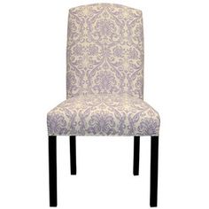 a white and purple patterned chair with black wood legs, on a white back ground