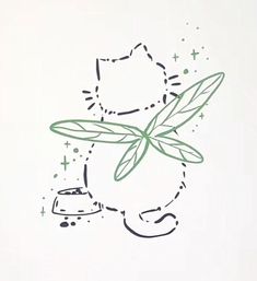 a drawing of a cat with a green leaf on it's head and a car in the background