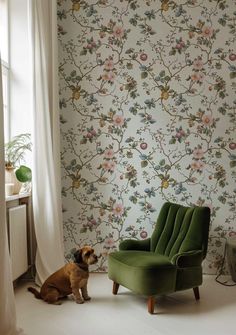 a green chair sitting in front of a window next to a wallpapered wall