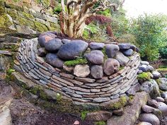 there is a rock wall made out of rocks and moss growing on the side of it