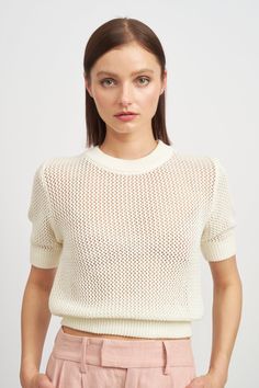 Knitted Short Sleeve Tops For Fall, Classic Open Knit Sweater For Spring, Classic Pointelle Knit Tops In Relaxed Fit, Chic Knit Crew Neck Top, Classic Pointelle Knit Tops With Relaxed Fit, Classic Knit Tops For Spring, Chic Crew Neck Tops With Knit Fabrication, Knit Crew Neck Top, Fine Knit Crew Neck Top