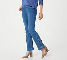 A row of decorative horn buttons emphasizes the flare-leg silhouette on these Flexibelle jeans. Wear them with a flirty blouse and your favorite pair of heels. From Belle by Kim Gravel. Chic Spring Flare Jeans With Buttons, Spring Fitted Flare Jeans With Buttons, Chic Flare Jeans With Buttons, Kim Gravel, Bell Bottom Jeans, Flare Jeans, Horn, The Row, Heels