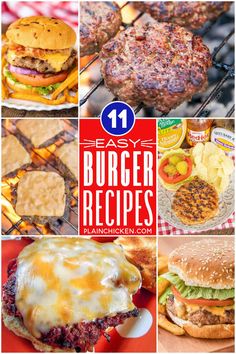 burgers and hamburger patties are shown in this collage