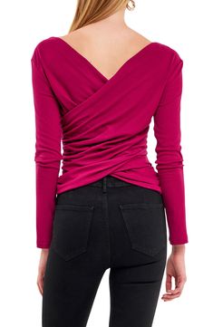 Move stylishly from the office to date night in this shapely shirred top styled with wrapped front-and-back detailing. 65% polyester, 30% rayon, 5% spandex Hand wash, line dry Imported Fitted Ruched Top With Foldover Neckline, Fitted Ruched Top With Foldover Shape, Fitted Foldover Top With Ruched Details, Ruched Draped Top In Elastane, Ruched Draped Elastane Top, Draped Tops For Night Out In Fall, Draped Tops For Fall Night Out, Ruched Fitted Blouse, Versatile Fitted Ruched Blouse