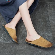 Genuine Leather Slip-On Flats Boho Chic Ladies Slippers in Flesh Khaki Bronze 35 36 37 38 39 40 - Morimiss.com Flat Shoes For Women, Mule Flats, Ladies Slippers, Womens Loafers, Fitness Wear Women, Comfortable Chic, Flats Online, Leather Slippers, Comfortable Flats