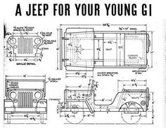 an old jeep is shown in black and white, with the words jeep for your young g