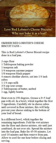 the recipe for red lobster's cheesy biscuits is shown in this image